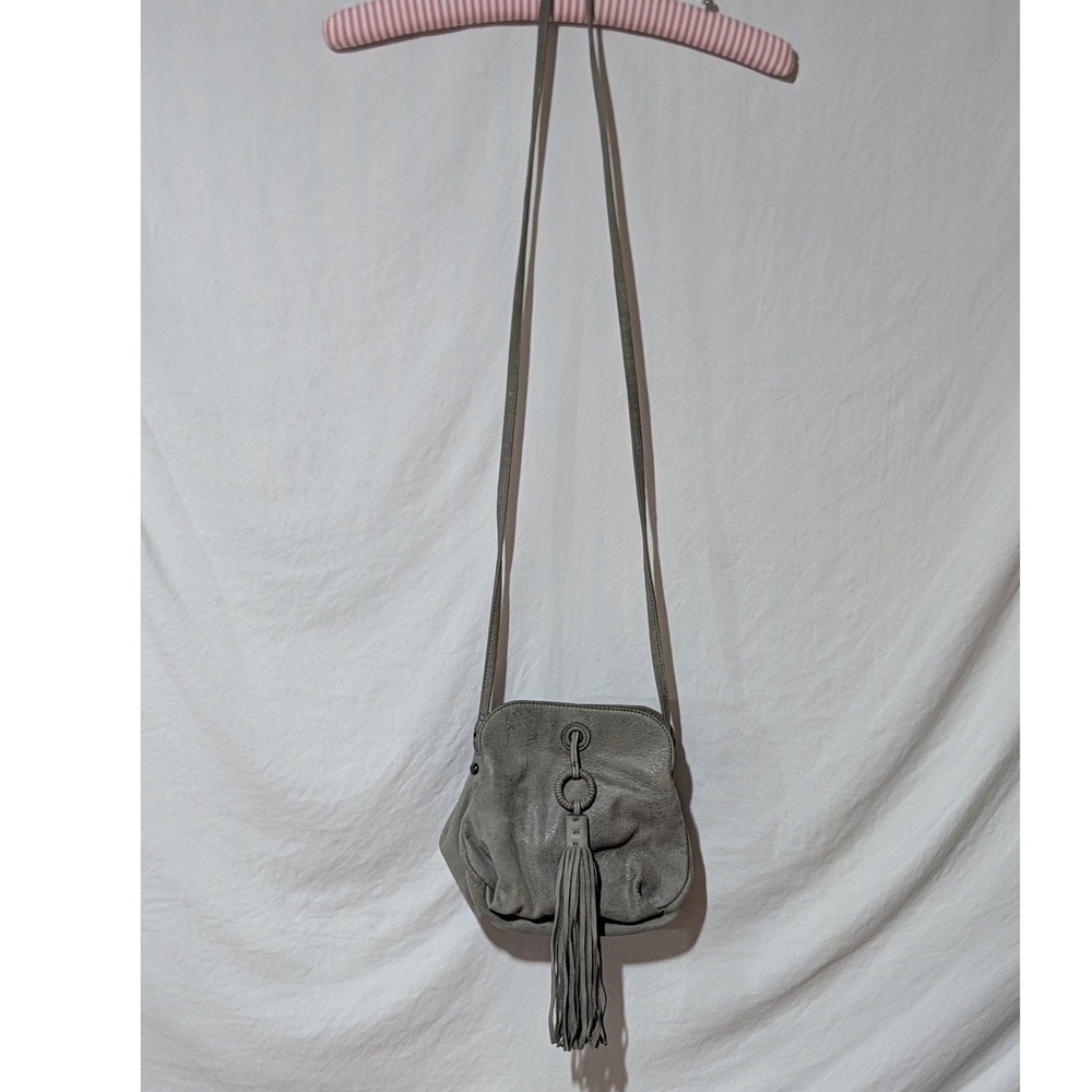 HOBO International Leather Crossbody Bag Taupe Gray Suede Tassel Boho Paisley